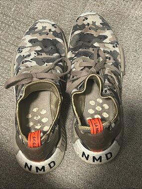adidas Men’s  Camo Knit NMD Sneakers - Taupe, Olive & Orange Accents 12